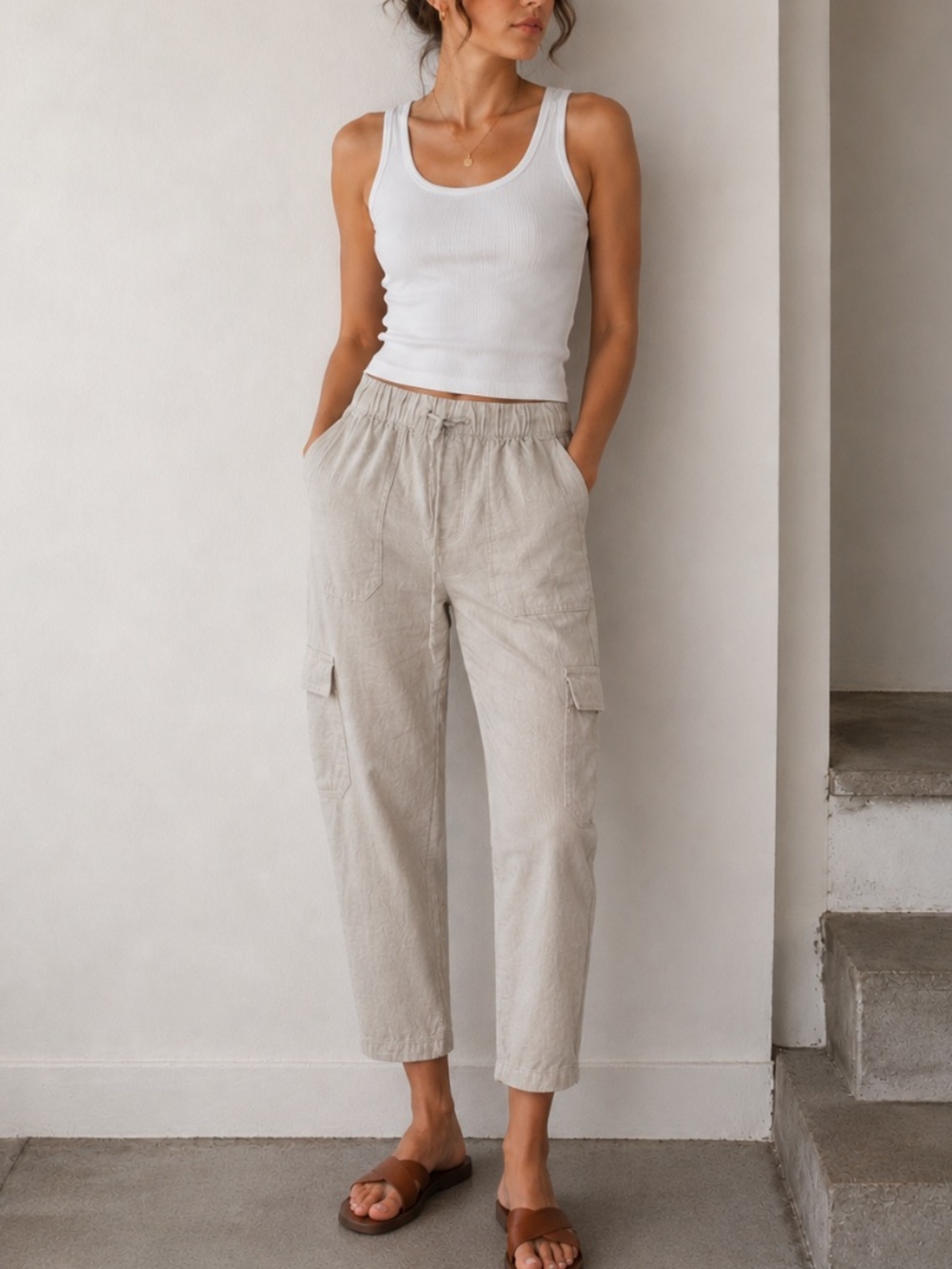 GAP Linen Blend Cargo Pants Khaki Easy Pant Relaxed Utility Small